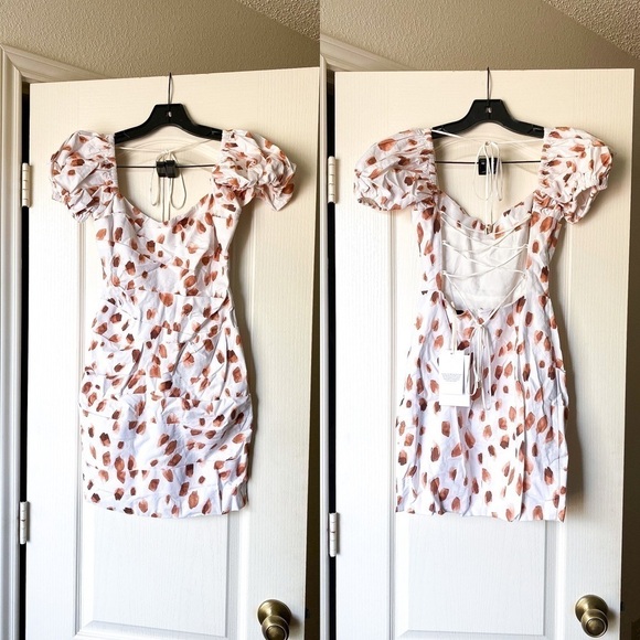 Significant Other Dress Lola Dot Ruched Open Tie Back Mini Caramel Petal 4 NWT - Picture 2 of 10